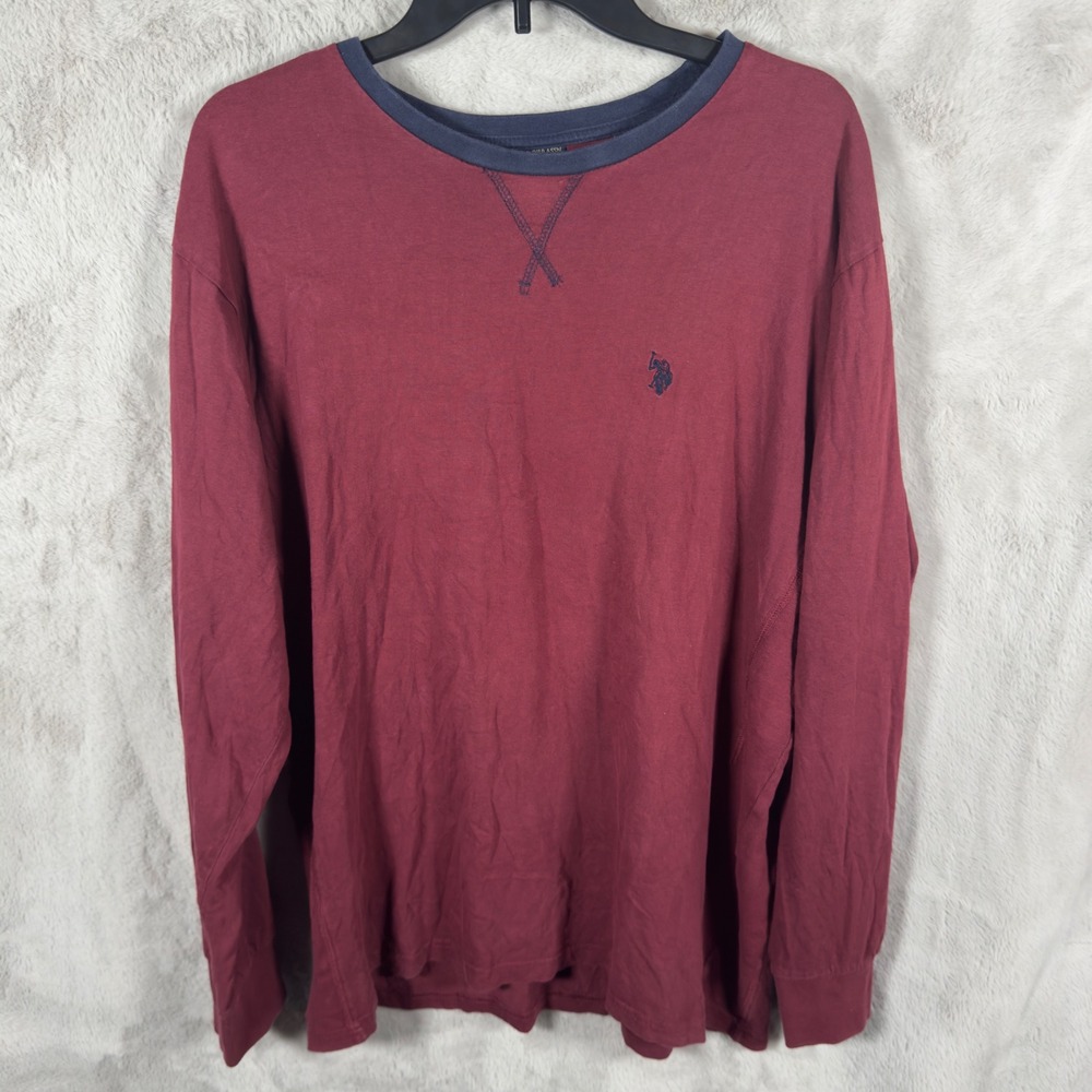 US Polo Assn Mens Long Sleeve‎ T Shirt Burgundy Embroidered Pony Logo Size L